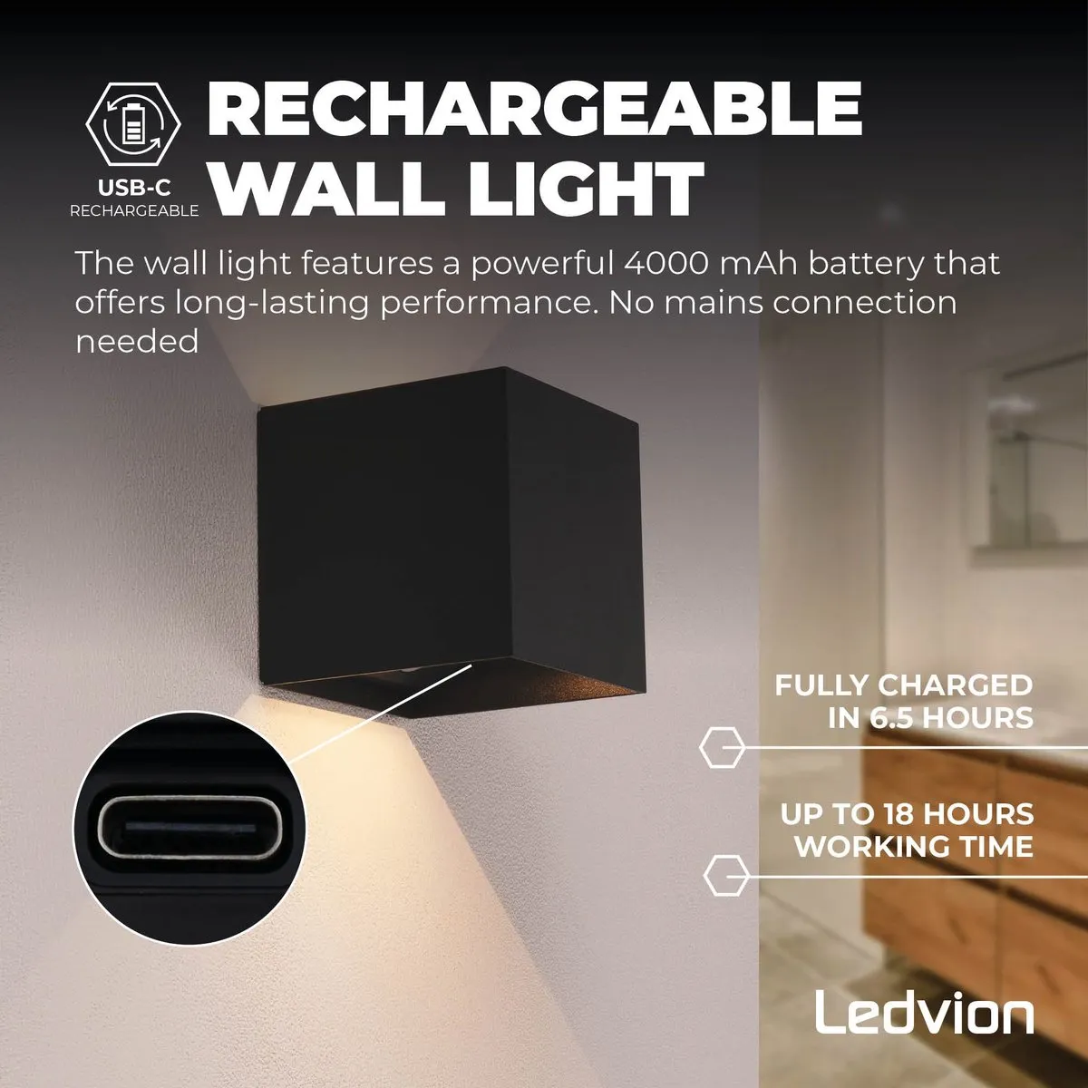 Ledvion USB Oplaadbare Wandlamp Sensor 4400mAh - Zwart