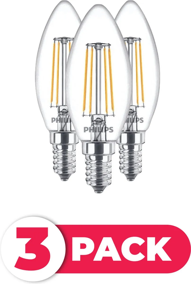 Philips LED Filament E14 4.3W Warm Wit - 3 Stuks