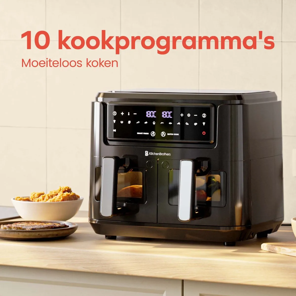 KitchenBrothers Dubbele Airfryer 2400W 9L - 10 Programma's - Zwart