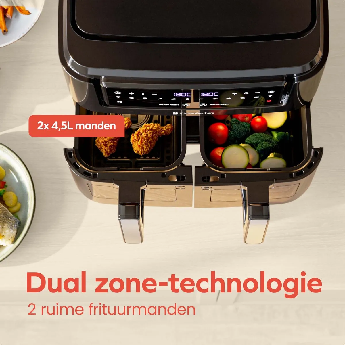 KitchenBrothers Dubbele Airfryer 2400W 9L - 10 Programma's - Zwart