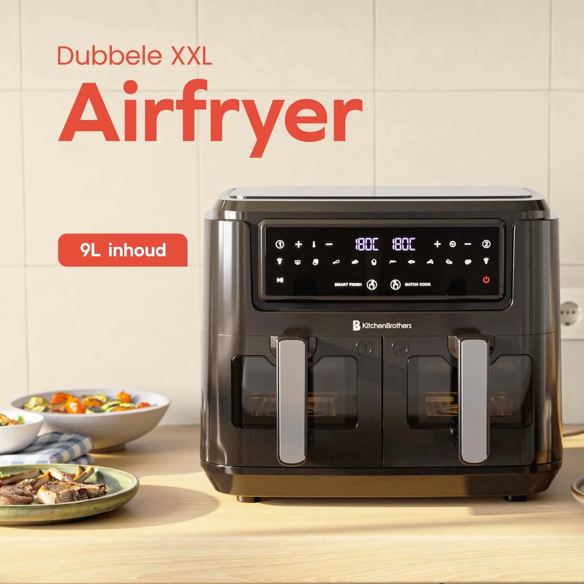 KitchenBrothers Dubbele Airfryer 2400W 9L - 10 Programma's - Zwart