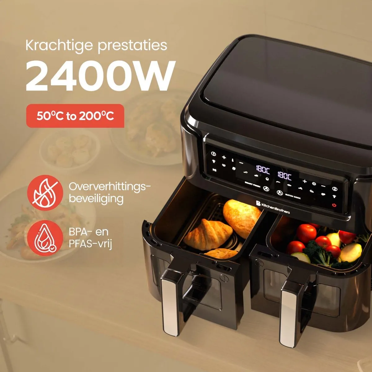 KitchenBrothers Dubbele Airfryer 2400W 9L - 10 Programma's - Zwart