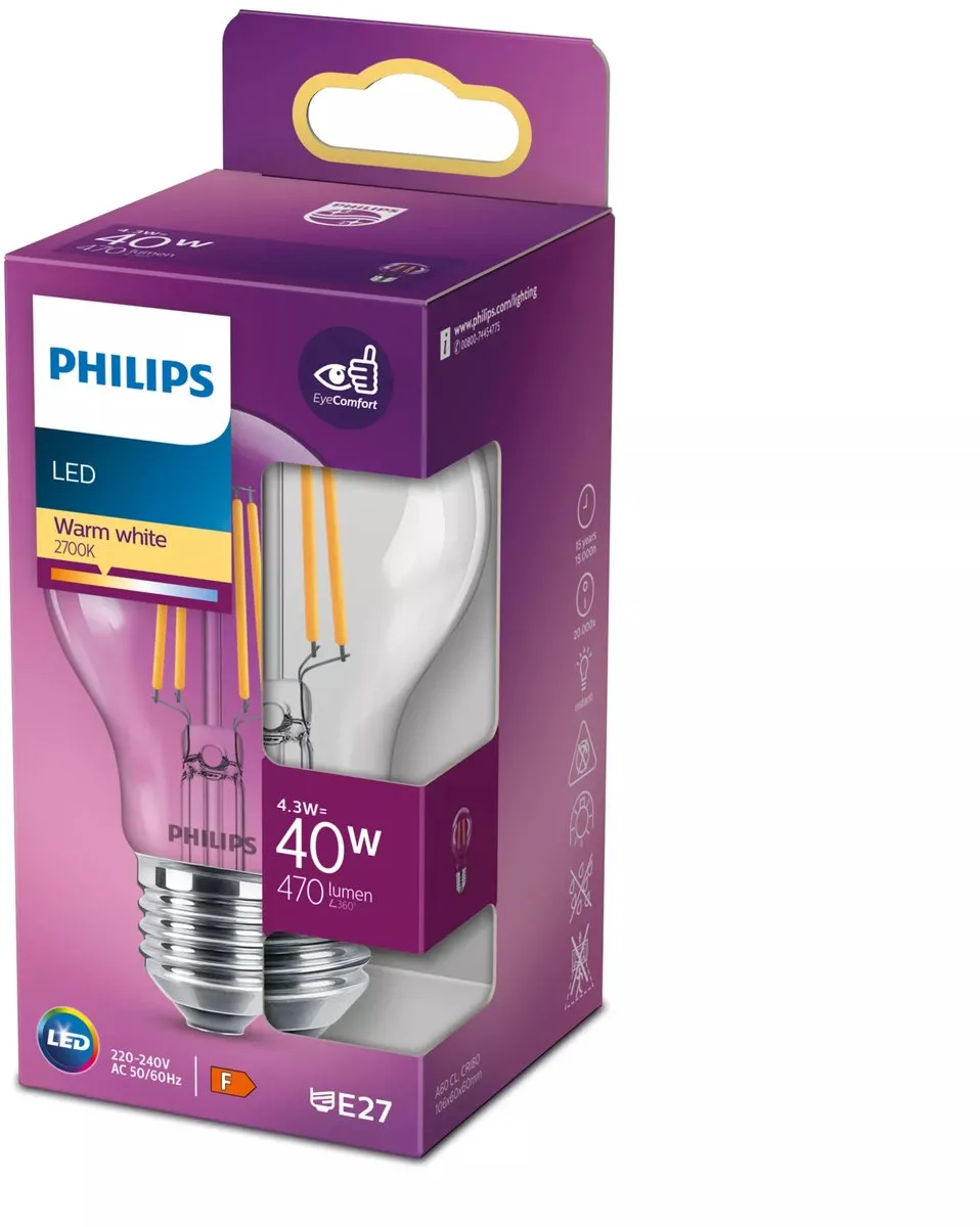 Philips LED E27 Warmwit 4.3W - Helder glas