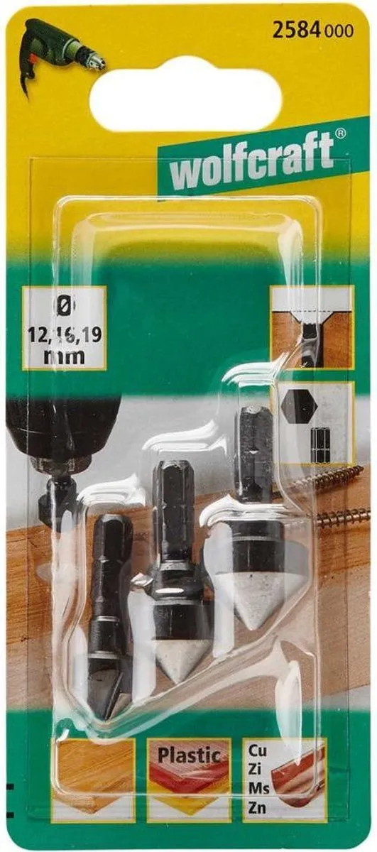 Wolfcraft Verzinkboor Set 3-delig Ø12-19mm - Zeskantschacht - afbeelding 6 van 6