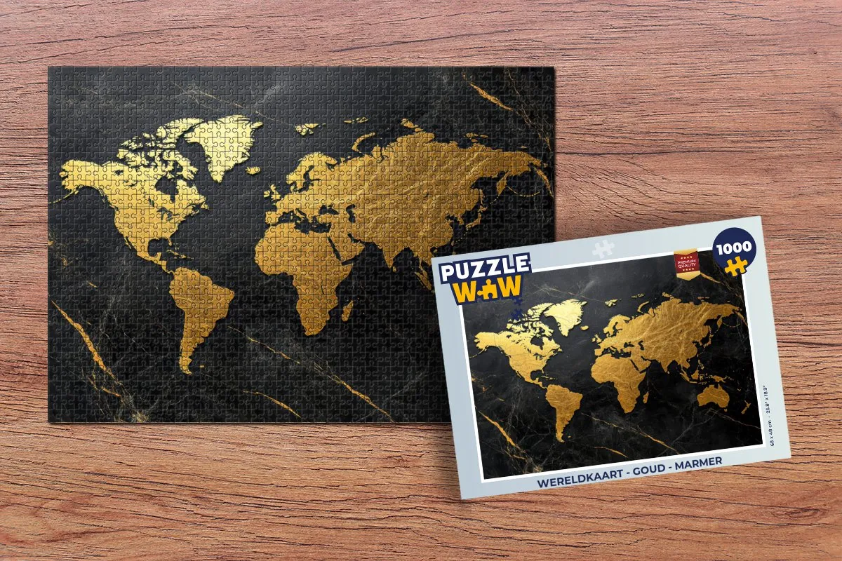 PuzzleWow Wereldkaart Puzzel 1000 Stuks - Marmer/Goud