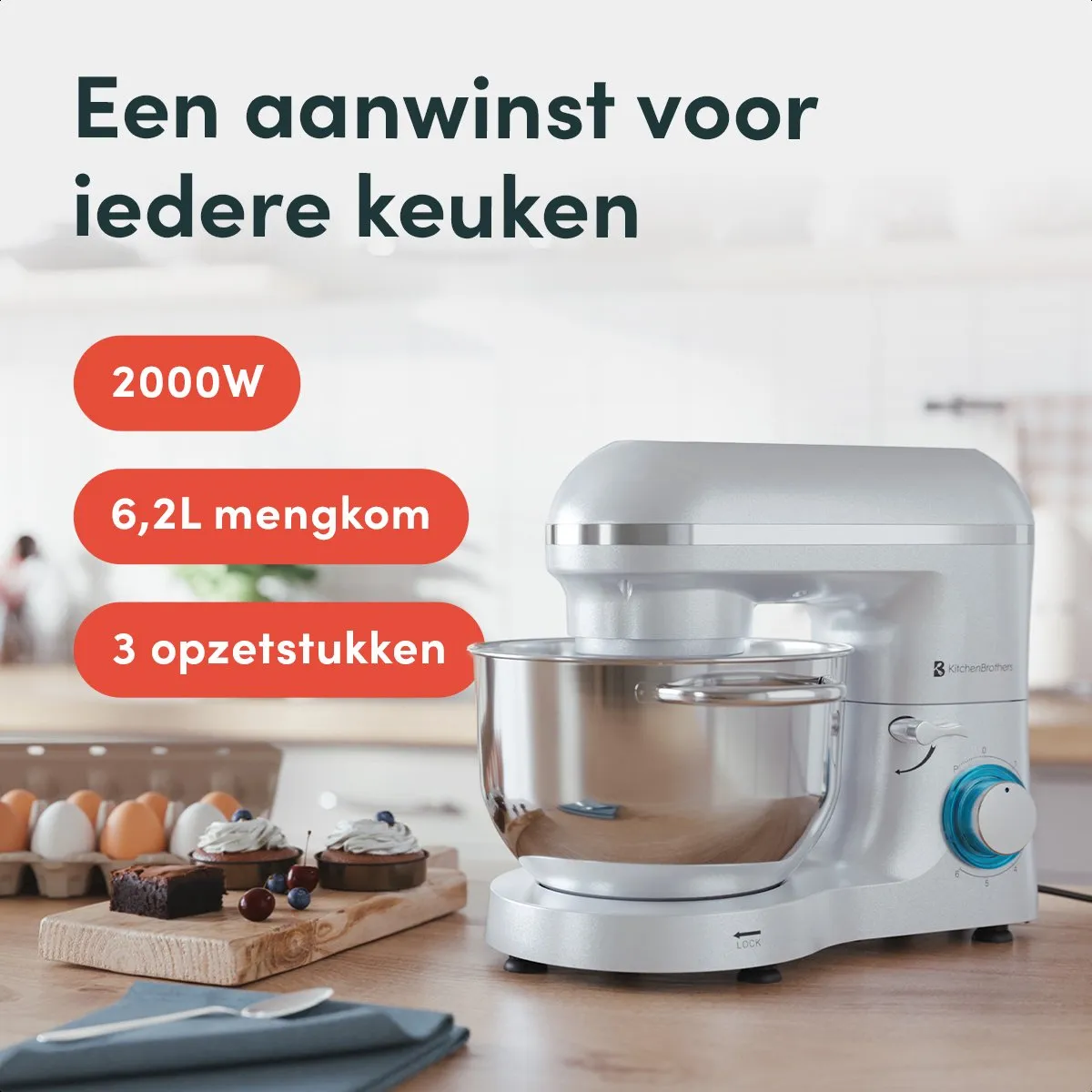 KitchenBrothers 2000W Keukenmachine 6,2L - Parelwit