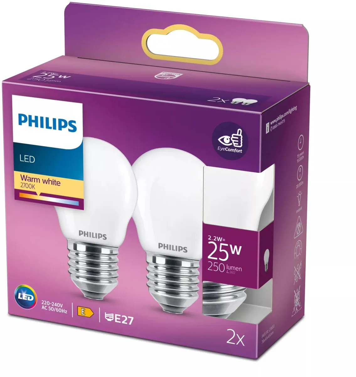 Philips LED Kogellamp E27 2.2W Warmwit Mat - 2 Stuks