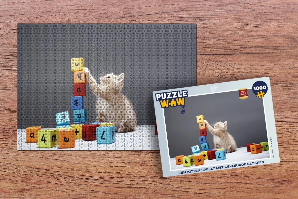 PuzzleWow Legpuzzel Kitten met Gekleurde Blokken 1000 Stuks - Multicolor