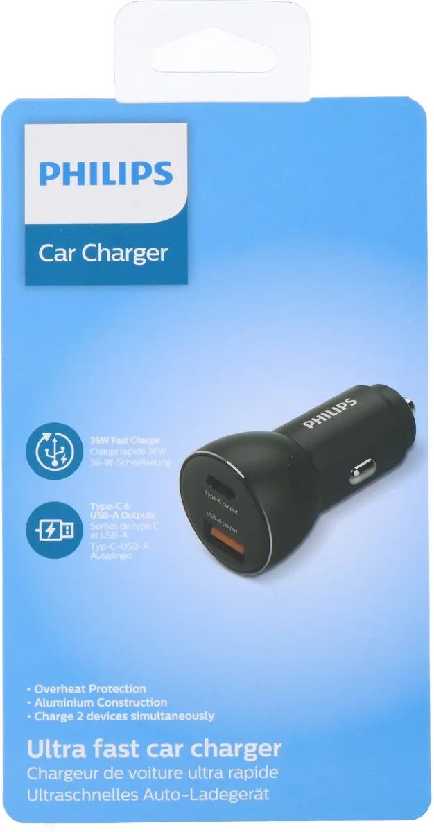 Philips Autolader DLP2521/00 36W - USB-A & USB-C - Zwart