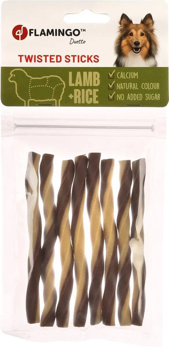 Flamingo Duetto Twist Sticks Hondensnack Lam & Rijst 85g
