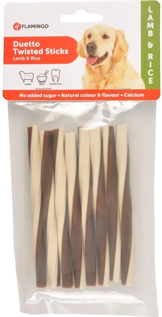 Flamingo Duetto Twist Sticks Hondensnack Lam & Rijst 85g