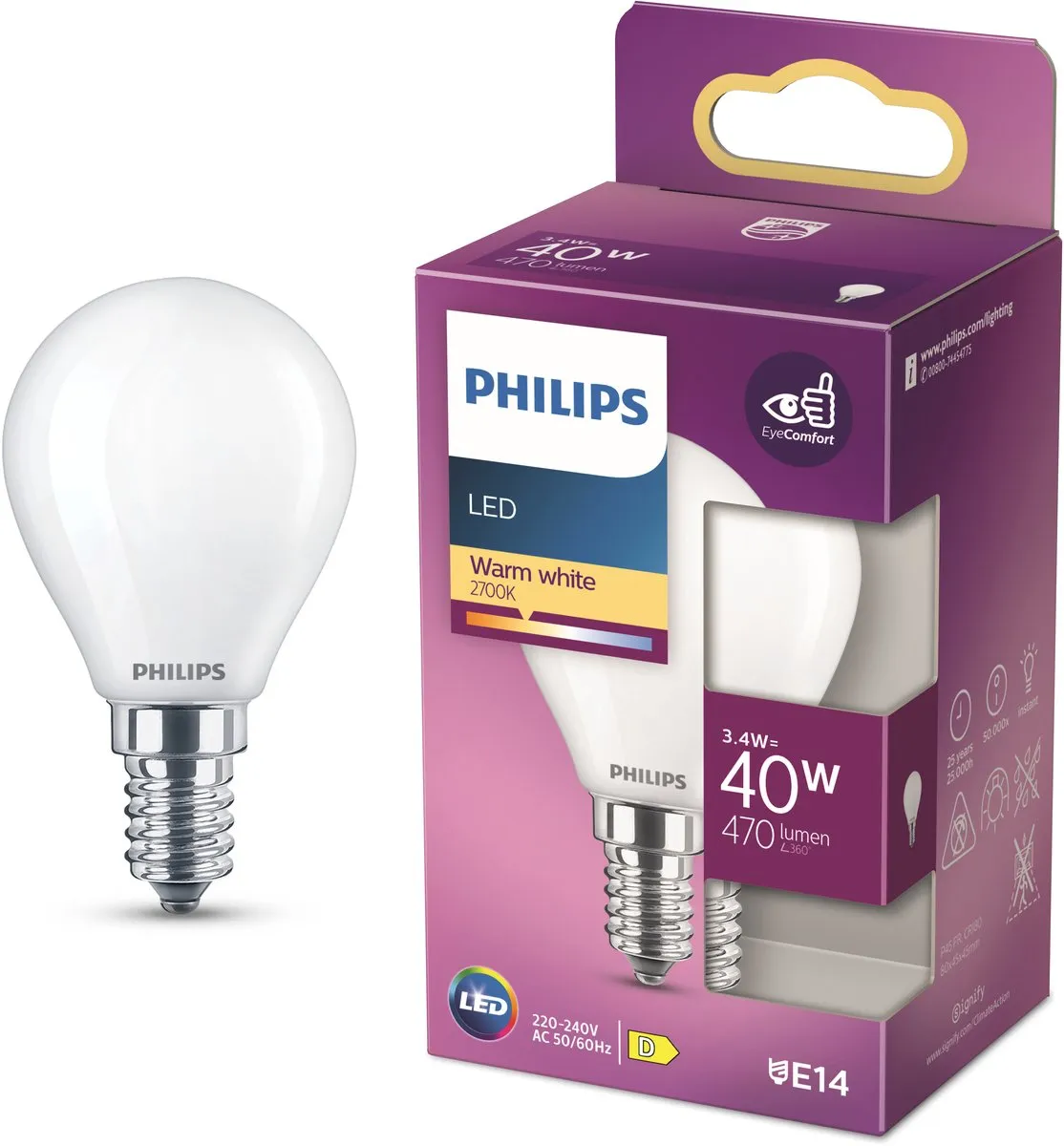 Philips LED Kogellamp E14 Warmwit 4W Mat