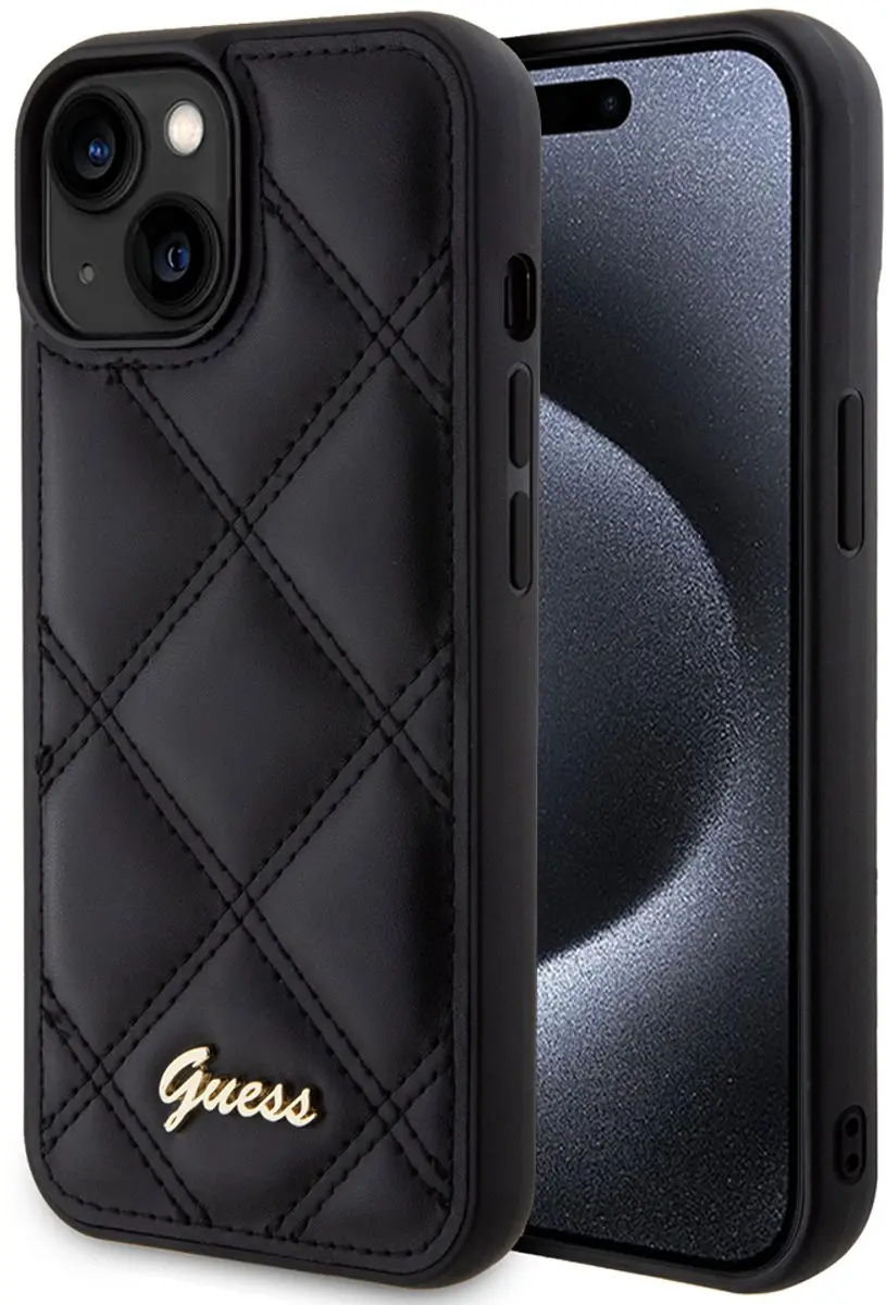 Guess Quilted Metal Logo Hoes - iPhone 15 - Zwart