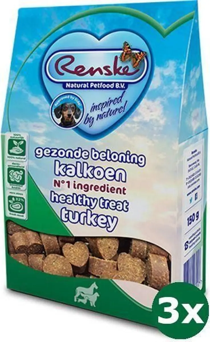 3x150 gr Renske gezonde beloning hartjes kalkoen hondensnack