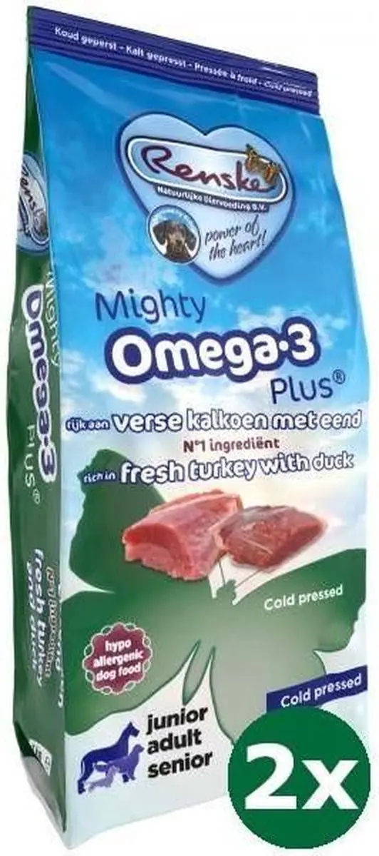 2x3 kg Renske mighty omega plus kalkoen / eend geperst hondenvoer