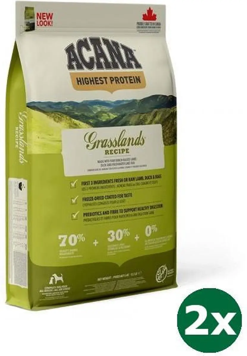 2x11,4 kg Acana highest protein grasslands dog hondenvoer