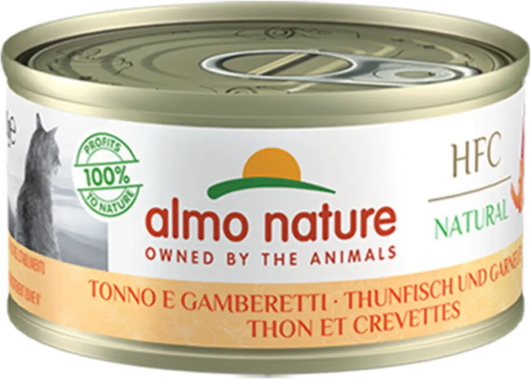 48x Almo Nature HFC Natural Kattenvoer Nat Blikje Tonijn & Garnaal 70 gr