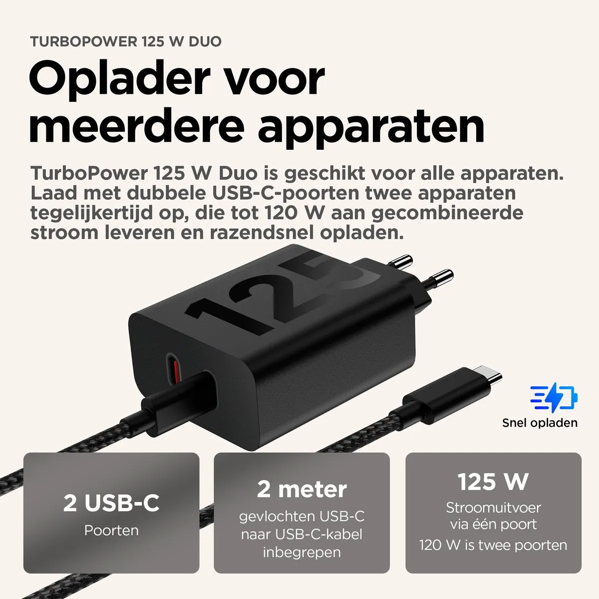 Motorola TurboPower 125W Duo Oplader PG38C06632 - 2x USB-C - Zwart