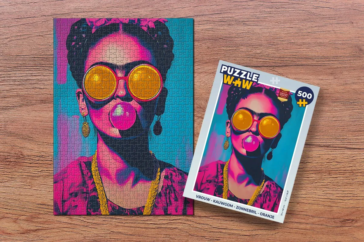 PuzzleWow Legpuzzel 500 Stuks - Vrouw met Kauwgom & Zonnebril - Oranje