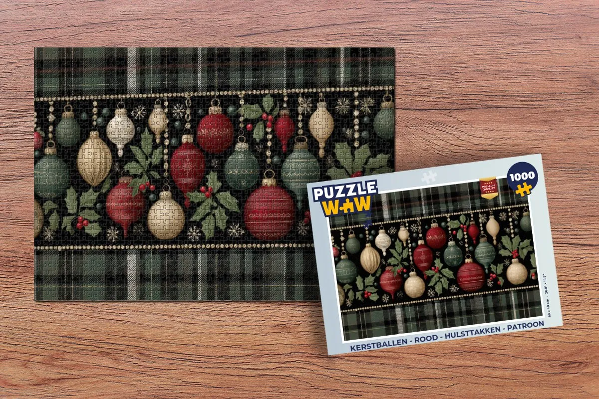 PuzzleWow Kerstballen Hulsttakken Patroon 1000 Stuks - Rood