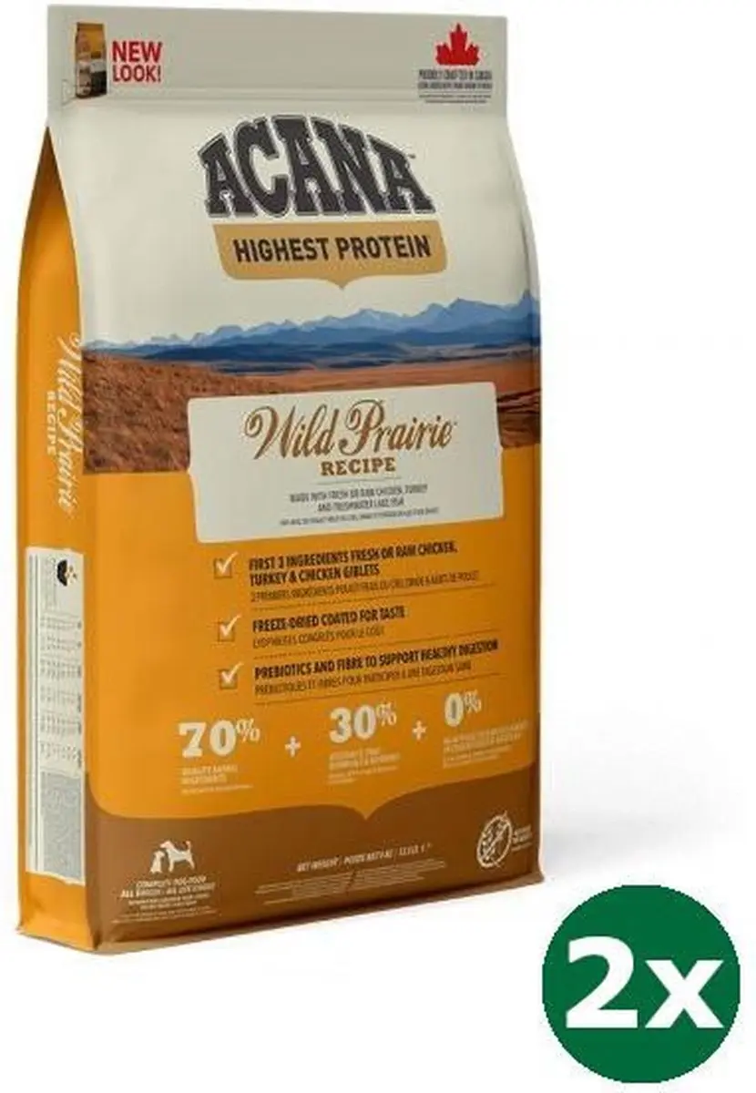 2x11,4 kg Acana highest protein wild prairie dog hondenvoer