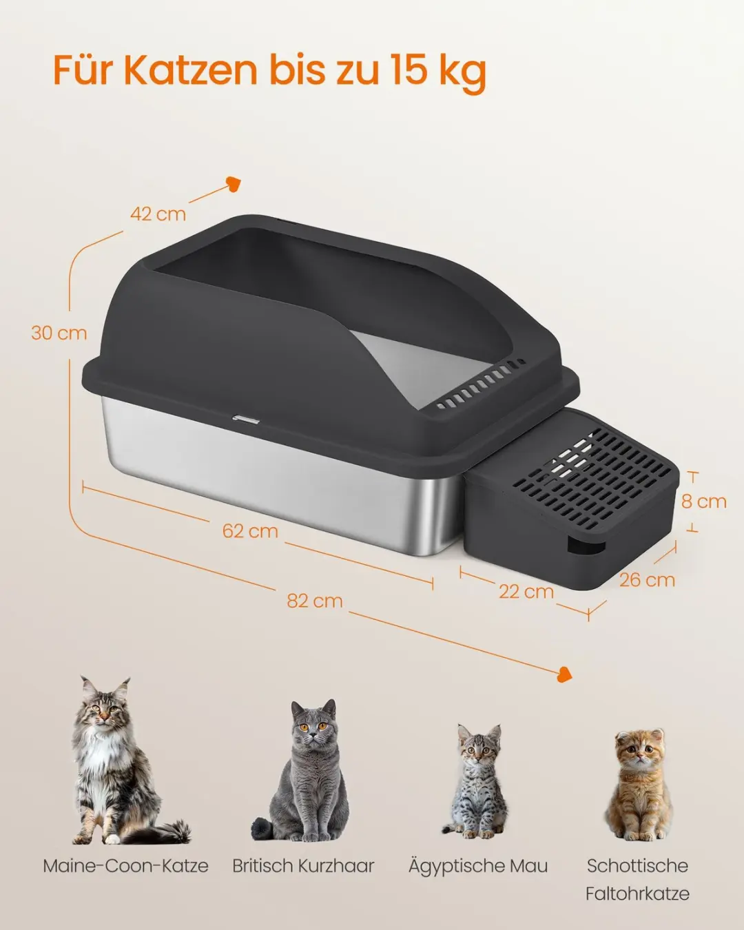 Songmics Roestvrijstalen Kattenbak met Hoge Randen PPT008B101 - afbeelding 4 van 6