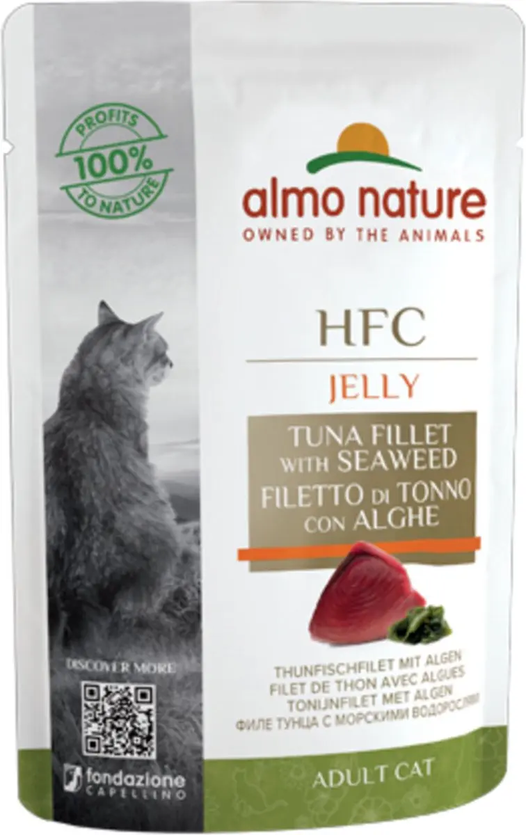 48x Almo Nature HFC Jelly Kattenvoer Nat Blikje Tonijnfilet & Algen 55 gr