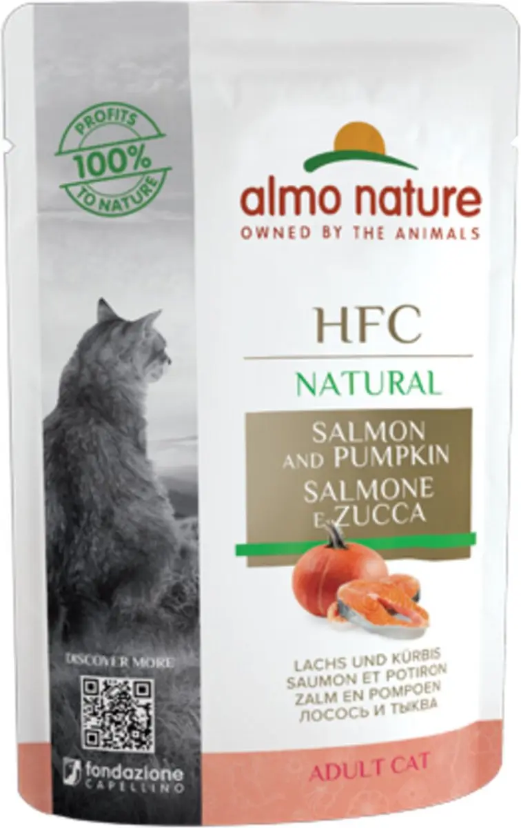 48x Almo Nature HFC Natural Kattenvoer Nat Maaltijdzakje Zalm & Pompoen 55 gr