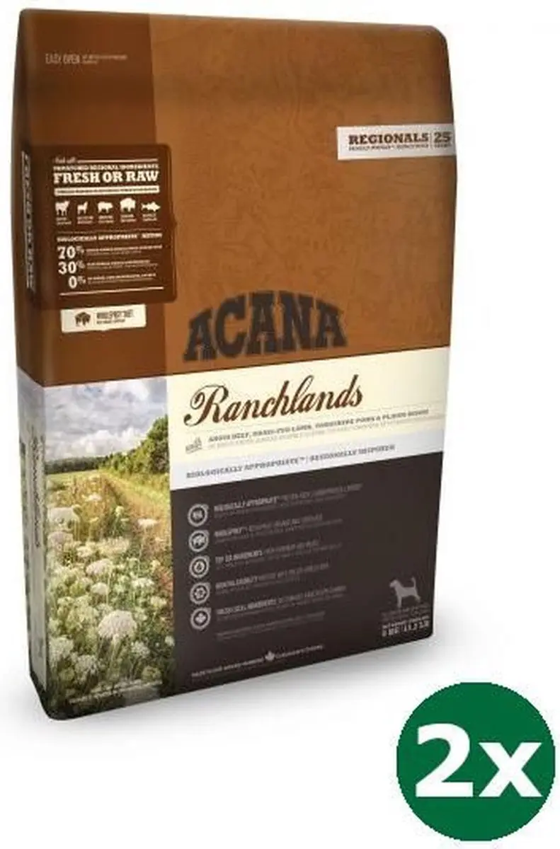 2x11,4 kg Acana highest proteÏn ranchlands dog hondenvoer