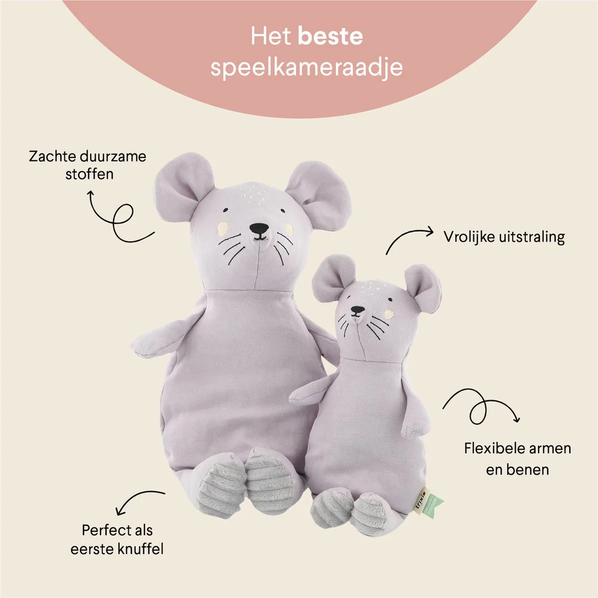 Trixie Mrs. Mouse Knuffel - Muis - 100% Biologisch Katoen - Purple
