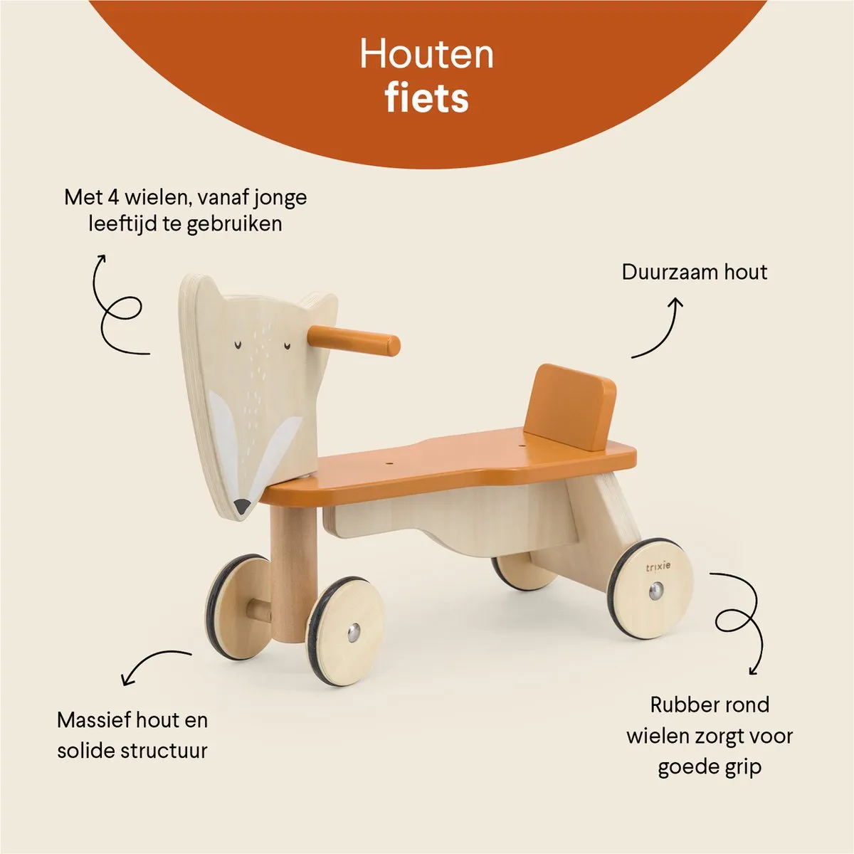 Trixie Mr. Fox Houten Loopfiets 4 Wielen - Oranje