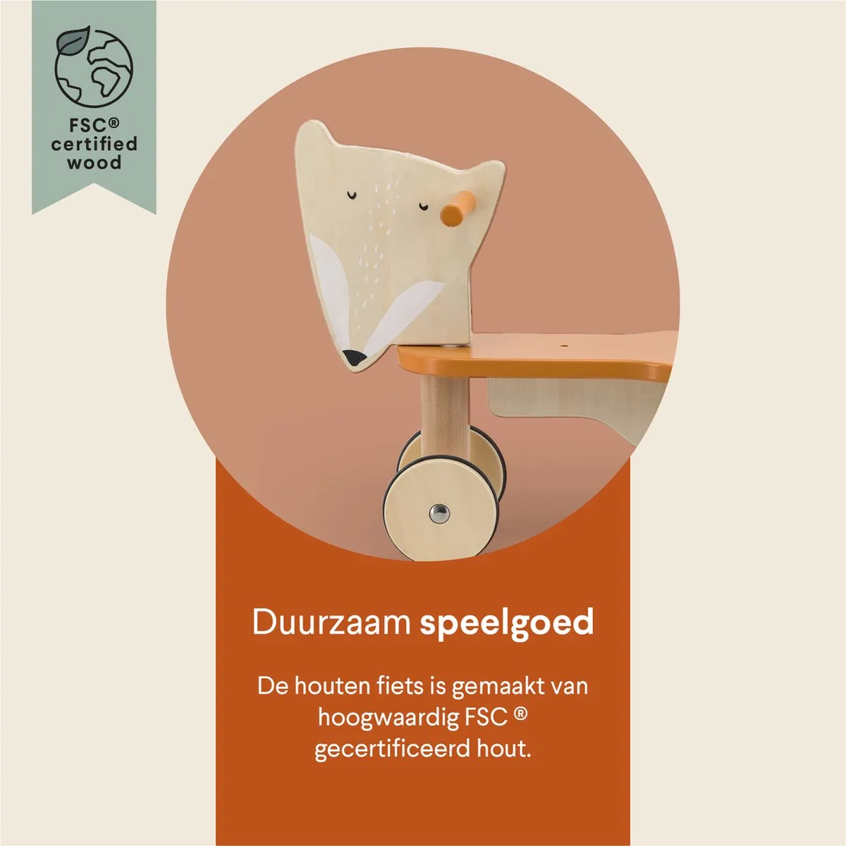 Trixie Mr. Fox Houten Loopfiets 4 Wielen - Oranje