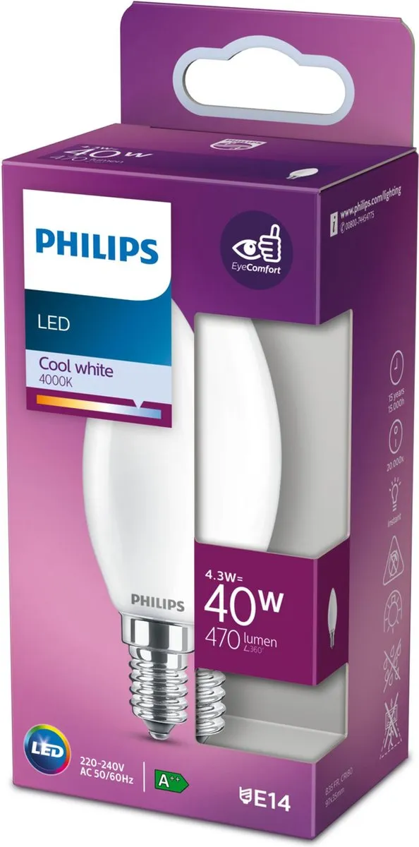 Philips LED Kaarslamp E14 Koelwit 4.3W Mat