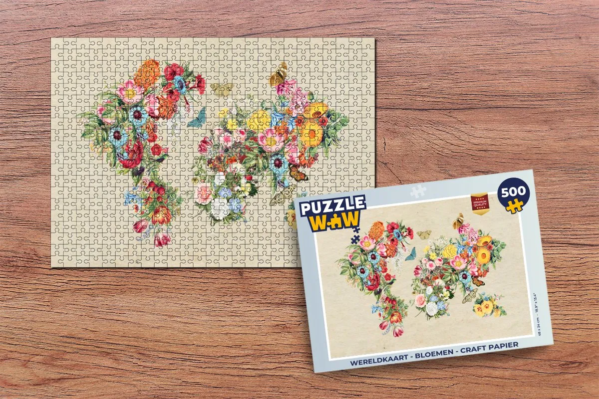 PuzzleWow Wereldkaart Bloemen Legpuzzel 500 Stuks - Multicolor