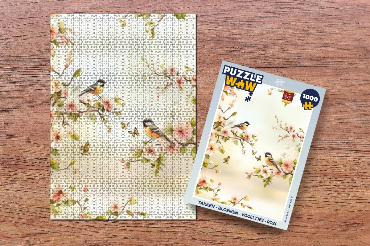 PuzzleWow Legpuzzel 1000 Stuks - Roze Bloemen & Vogeltjes