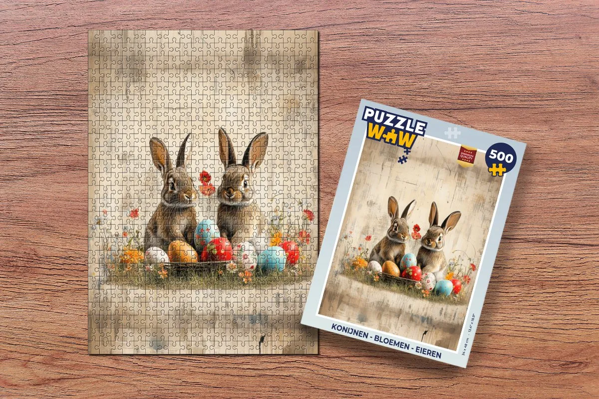 PuzzleWow Konijnen Bloemen Eieren Legpuzzel 500 Stuks - Vintage