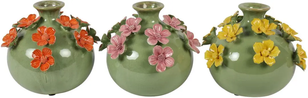 Countryfield vaas aardewerk decoratie Fleur M geel groen roze 17x17x15cm.