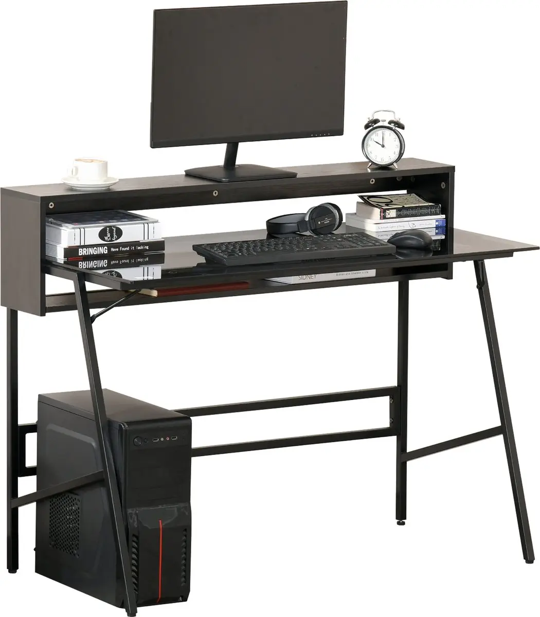 HOMCOM Computerbureau bureau met planken thuiskantoor staal glas zwart + grijs 8