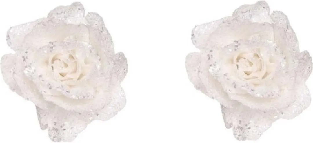 3x stuks witte rozen met glitters op clips 10 cm - kerstversiering