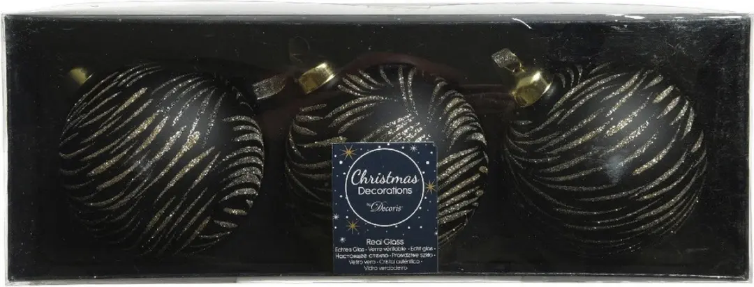 3x stuks luxe glazen kerstballen brass zwart met goud 8 cm - Kerstversiering/kerstboomversiering