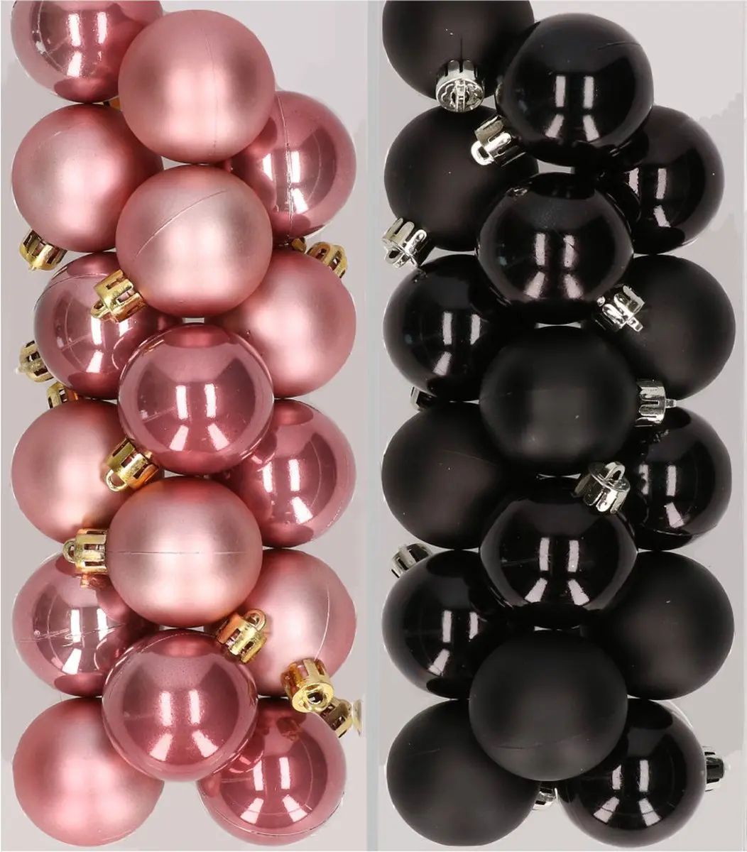 32x stuks kunststof kerstballen mix van oudroze en zwart 4 cm - Kerstversiering