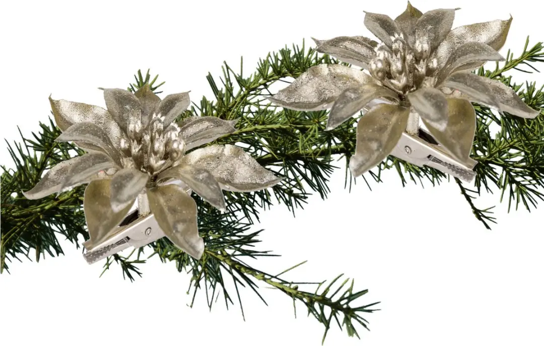 Cosy & Trendy kerstster champagne glitter - 2x stuks - 9 cm - op clip - decoratie bloem - kerstboom bloemen