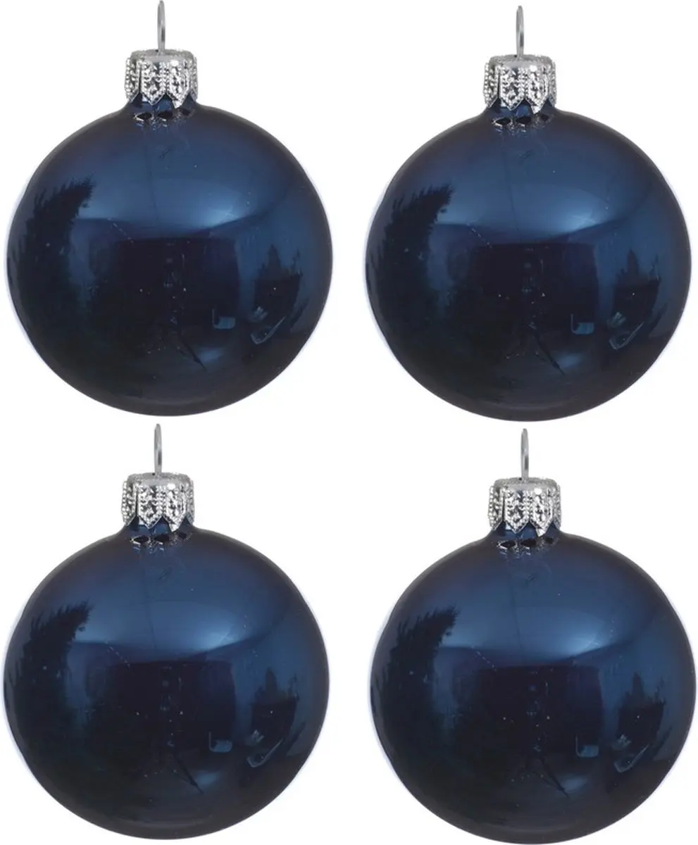Decoris kerstballen - 4x st - donkerblauw - D10 cm - glas - glans - kerstversiering