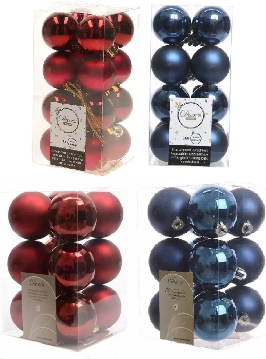 Kerstversiering kunststof kerstballen kleuren mix donkerblauw/donkerrood 4 en 6