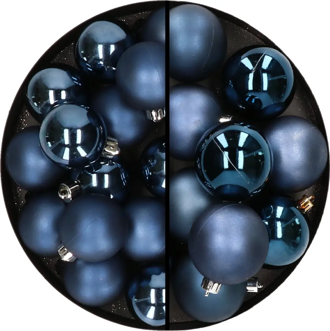 28x stuks kunststof kerstballen donkerblauw 4 en 6 cm