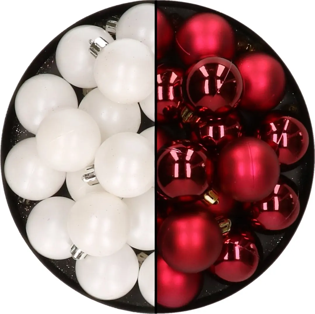 32x stuks kunststof kerstballen mix van wit en donkerrood 4 cm
