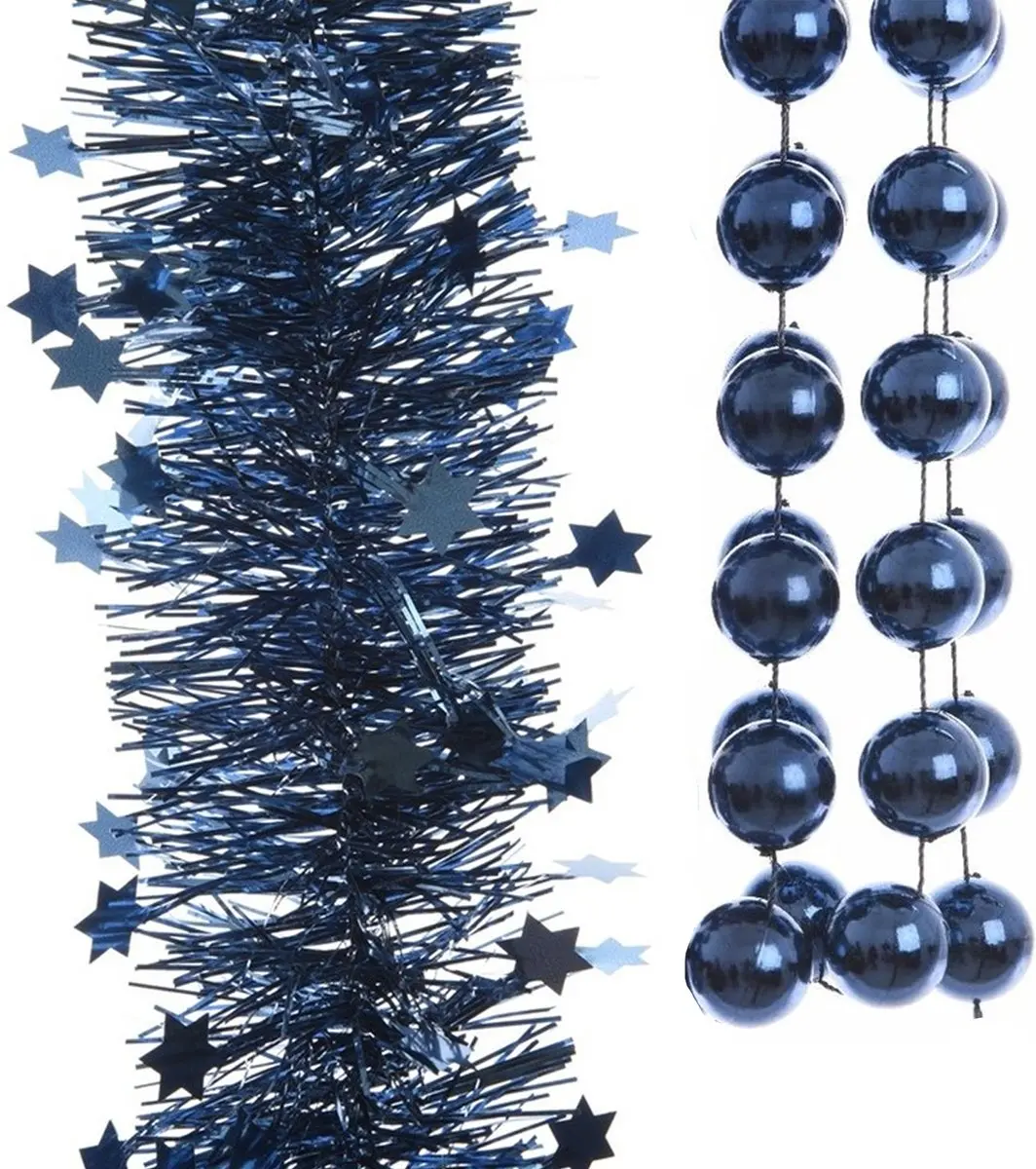 Decoris Kerstslingers - 3x stuks - donkerblauw - kralenslinger - folie slingers
