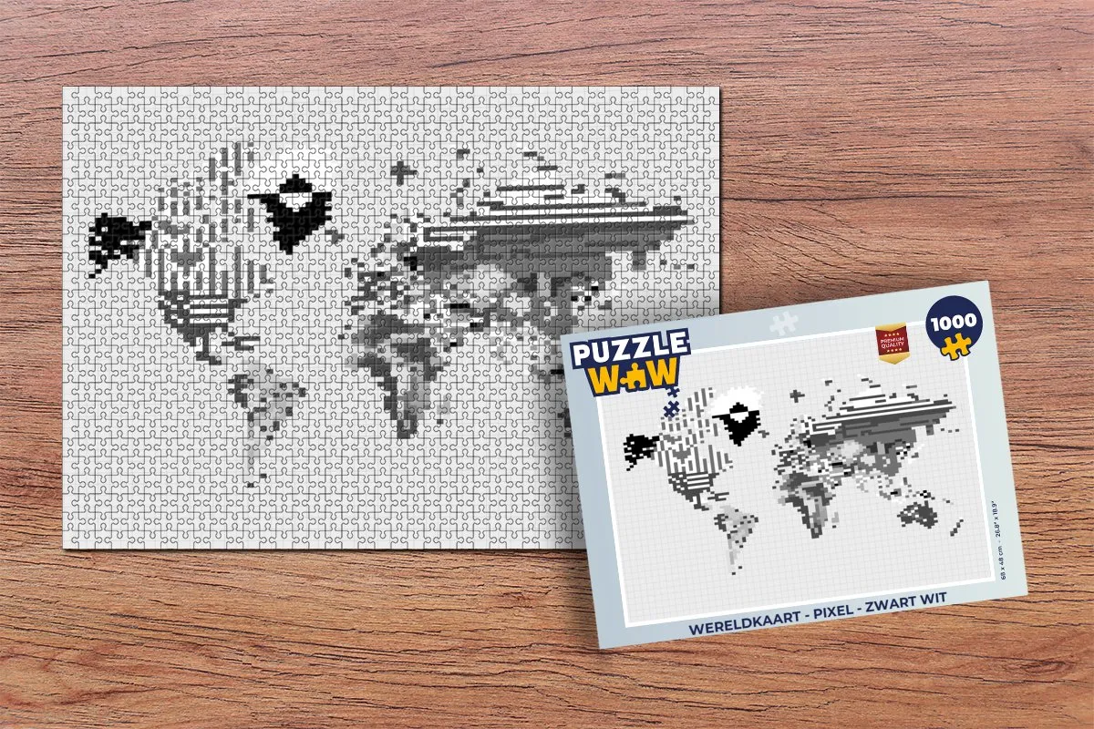 PuzzleWow Wereldkaart Pixel Legpuzzel 1000 Stuks - Zwart/Wit