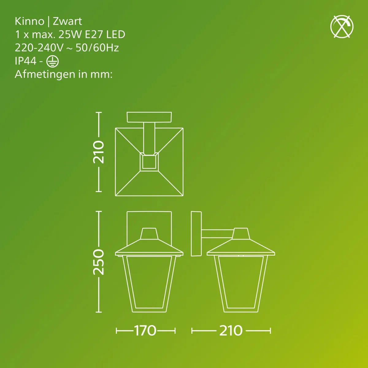 Philips Kinno Wandlamp E27 25W - Zwart