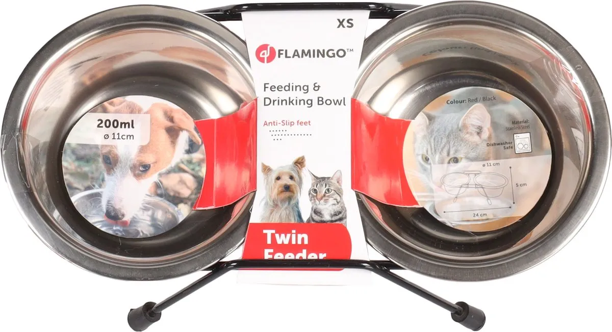 Flamingo Arjun Duo Dinner Staander - Honden/katten Eet- en drinkset 200ml - Rood